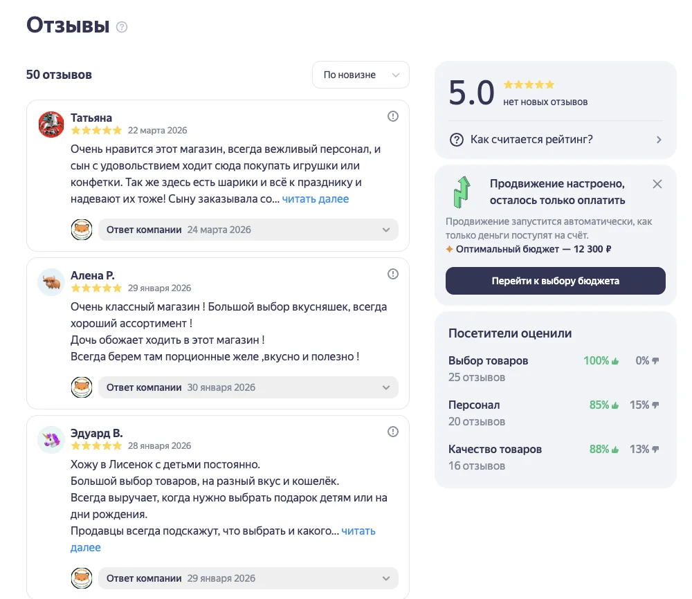 Avis Yandex Business du magasin Lisyonok : 50 avis, note 5,0, avis récents du 22 mars et du 29 janvier 2026 avec réponses de l'entreprise